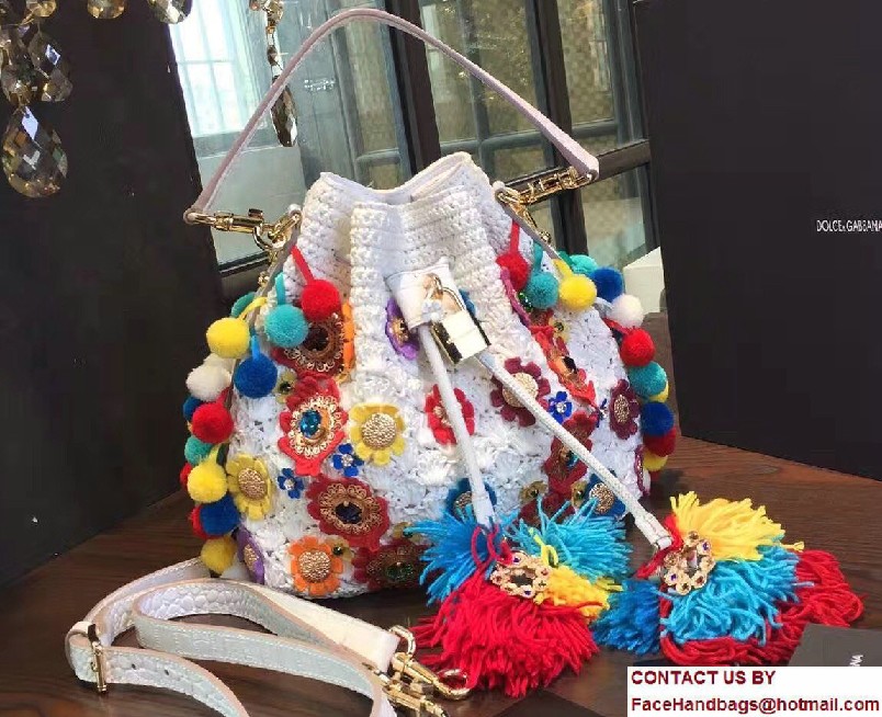 Dolce & Gabbana Claudia Pompoms Woven Raffia Bucket Bag White/Multicolor 2017 - Click Image to Close